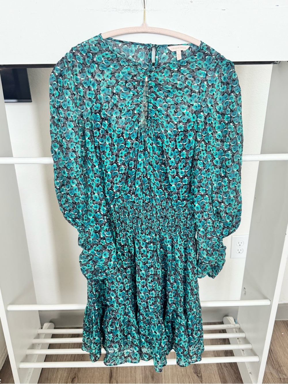 Rebecca Taylor Teal Floral Long-Sleeve Smocked Dress